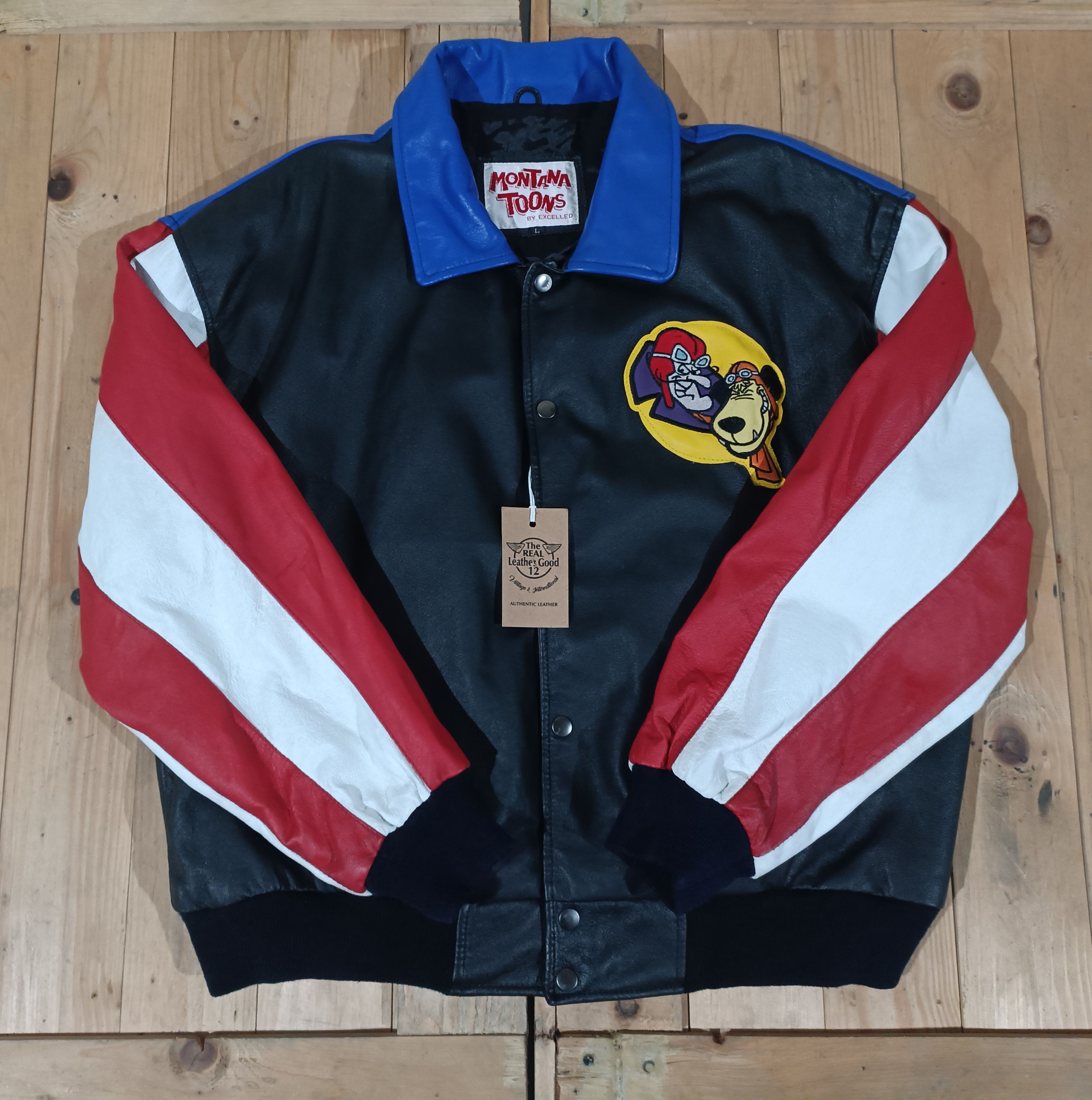VTG 90'S DASTARDLY MUTTLEY LEATHER VARSITY JACKET COLORBLOCK