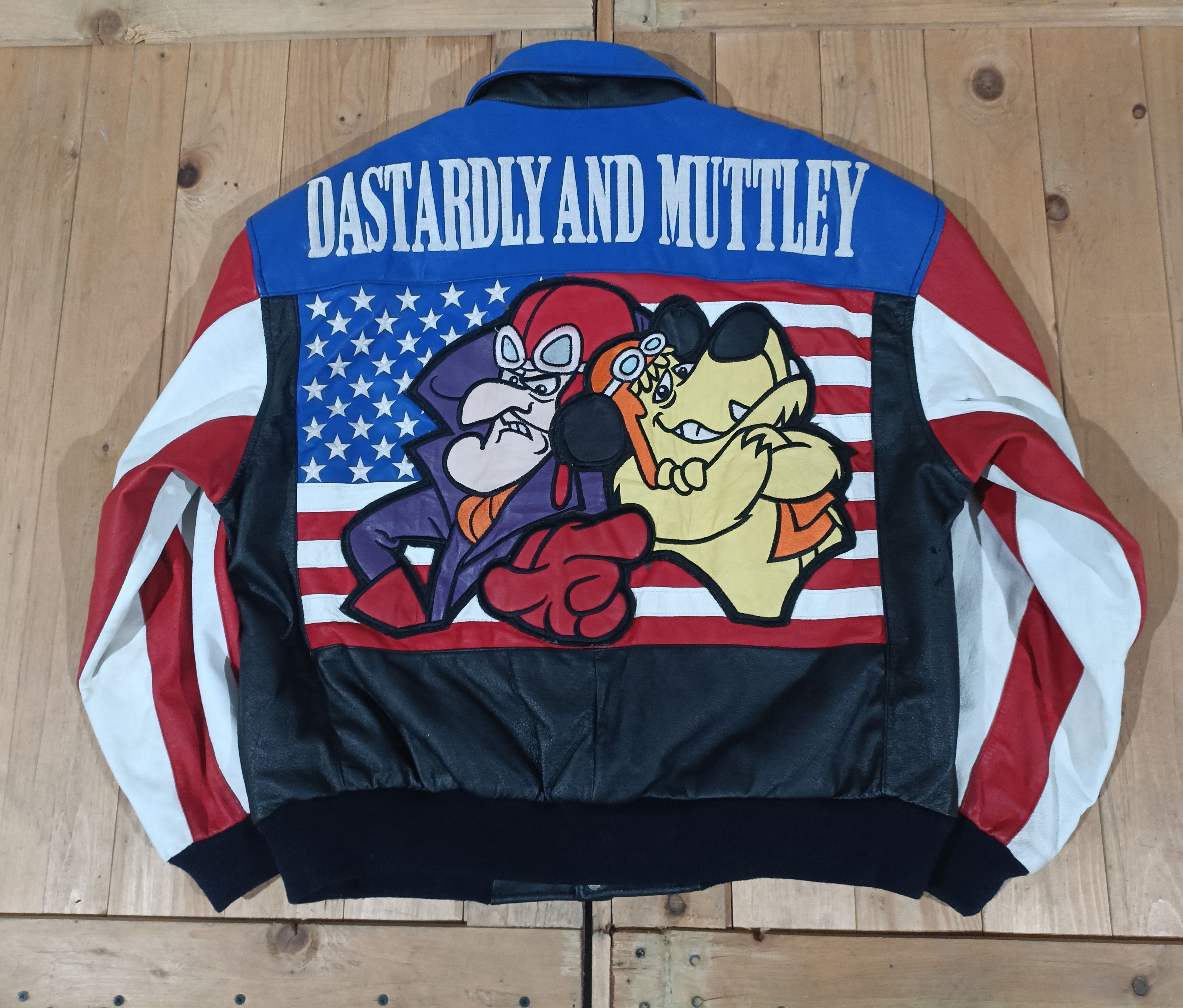 VTG 90'S DASTARDLY MUTTLEY LEATHER VARSITY JACKET COLORBLOCK