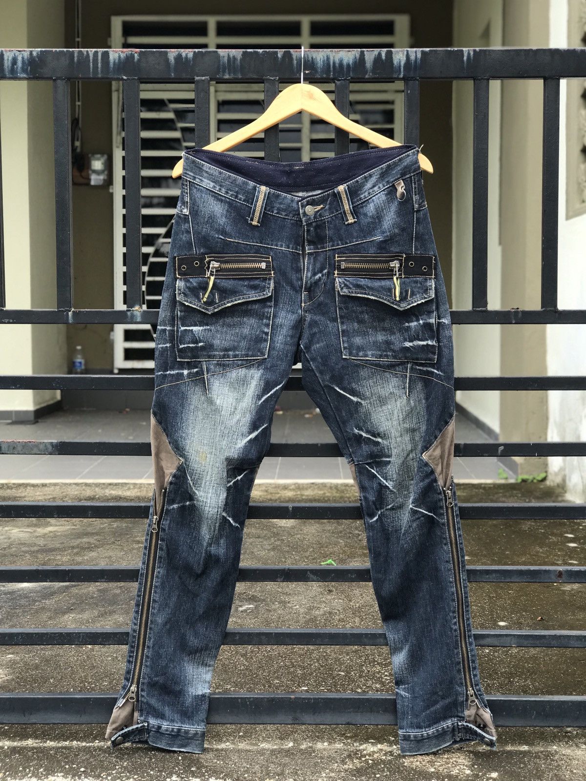 image of Ppfm Denim Pants Multi Zipper Side Adjustable in Blue, Men's (Size 31)