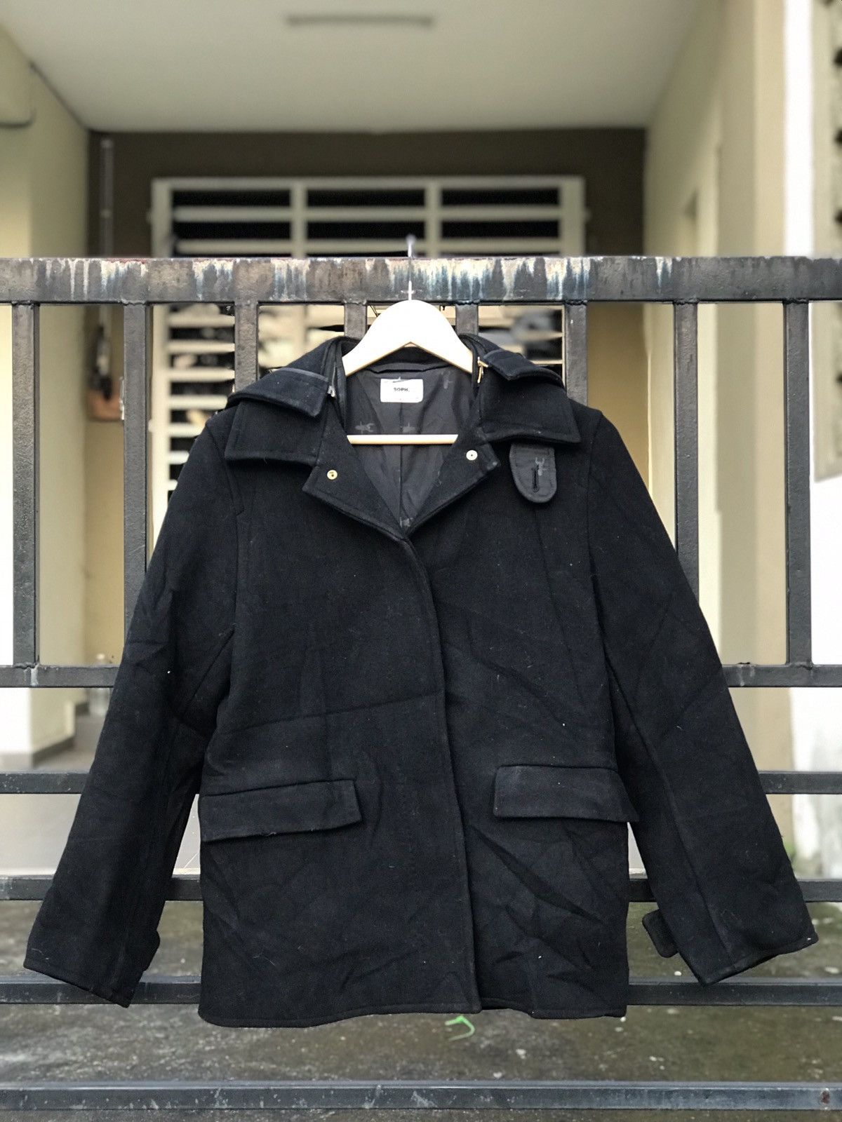image of Sophnet Wool Coat Hoodie Jacket in Black, Men's (Size XS)