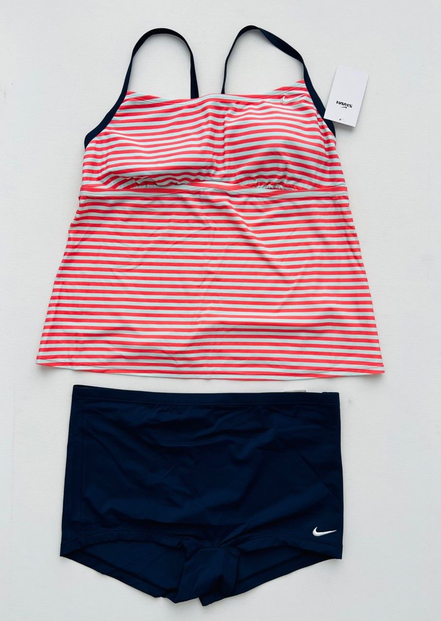 Nike Laser Stripe Swimwear Tankini Set Boyshort Coral White