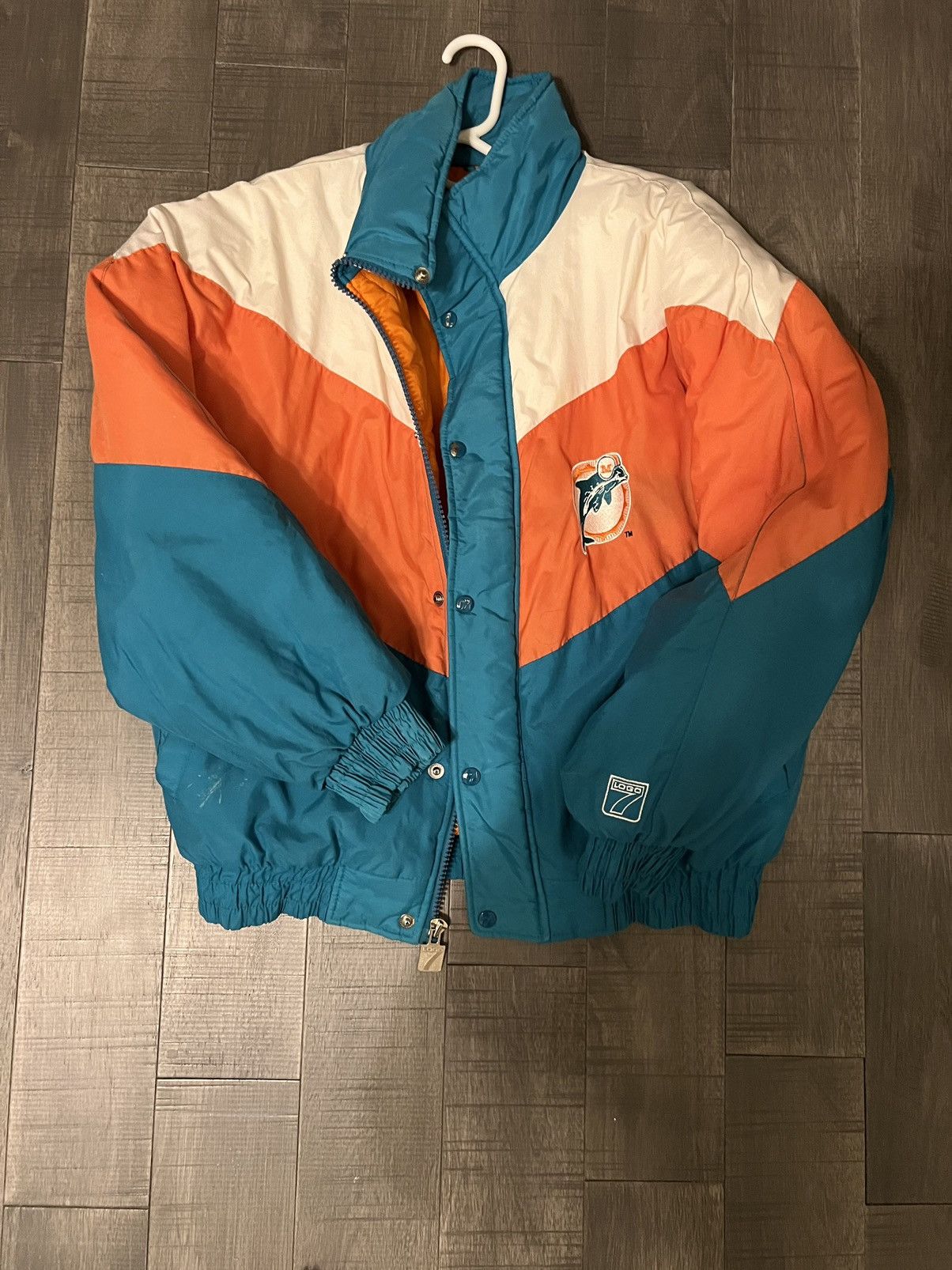 LOGO 7, Jackets & Coats, Vtg Nfl Miami Dolphins Logo 7 Stitch Puff Jacket  Xl