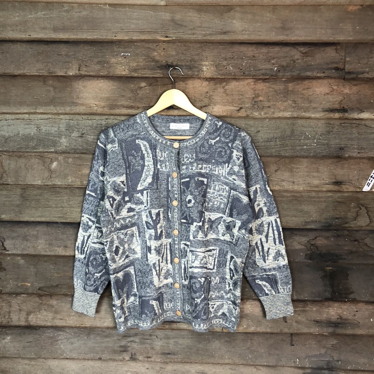Japanese Brand Rondo Grey japan Patterned Cardigans knitwear #6826 Size US M / EU 48-50 / 2 - 1 Thumbnail