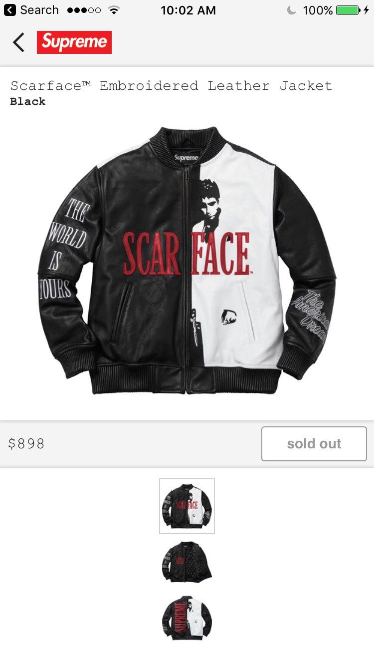 Supreme Scarface Embroidered Leather Jacket Black