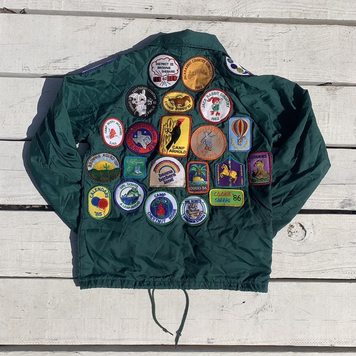 VTG 80s USA CAROLINA GIRL SCOUTS PATCHES LINED NYLON WINDBREAKER JACKET 42” L