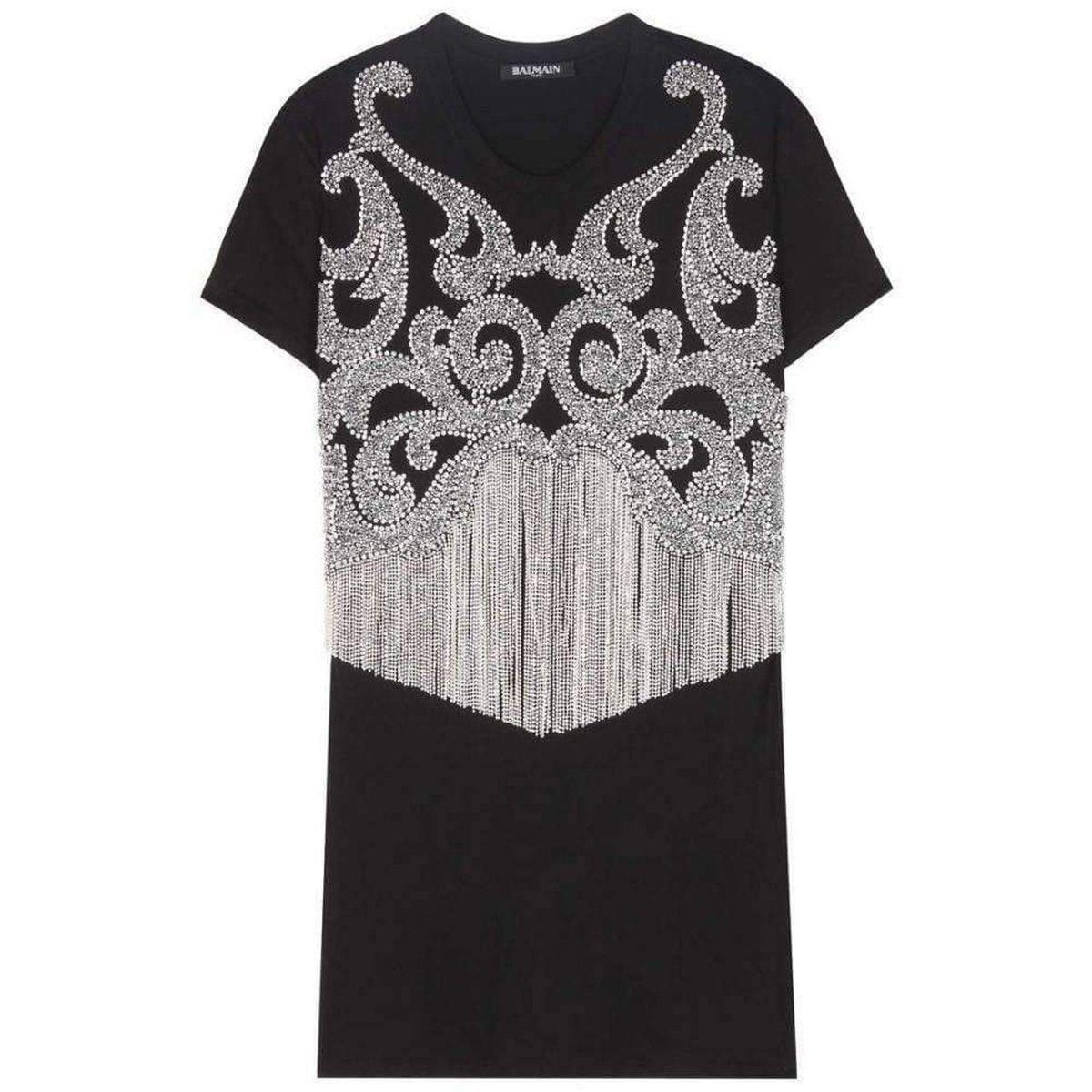 Crystal And Beads Fringe Black Cotton Shirt