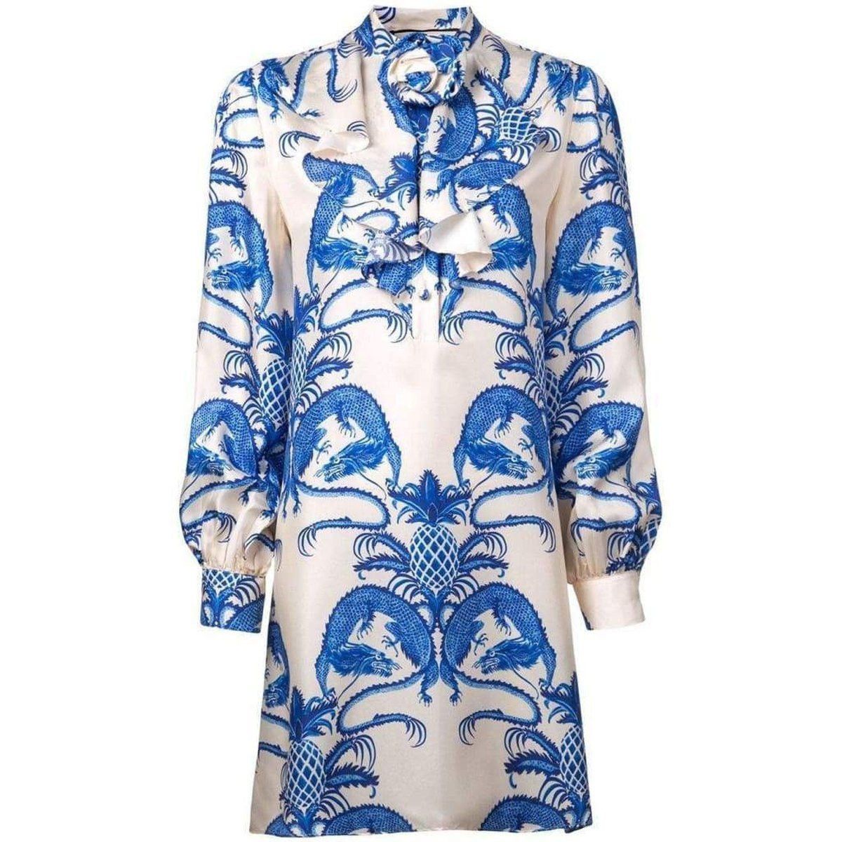 パーティードレス Silk Dragon Print Twill Ruffle Neck Dress Silk Dragon Print Twill Ruffle Neck Dress - Dresses