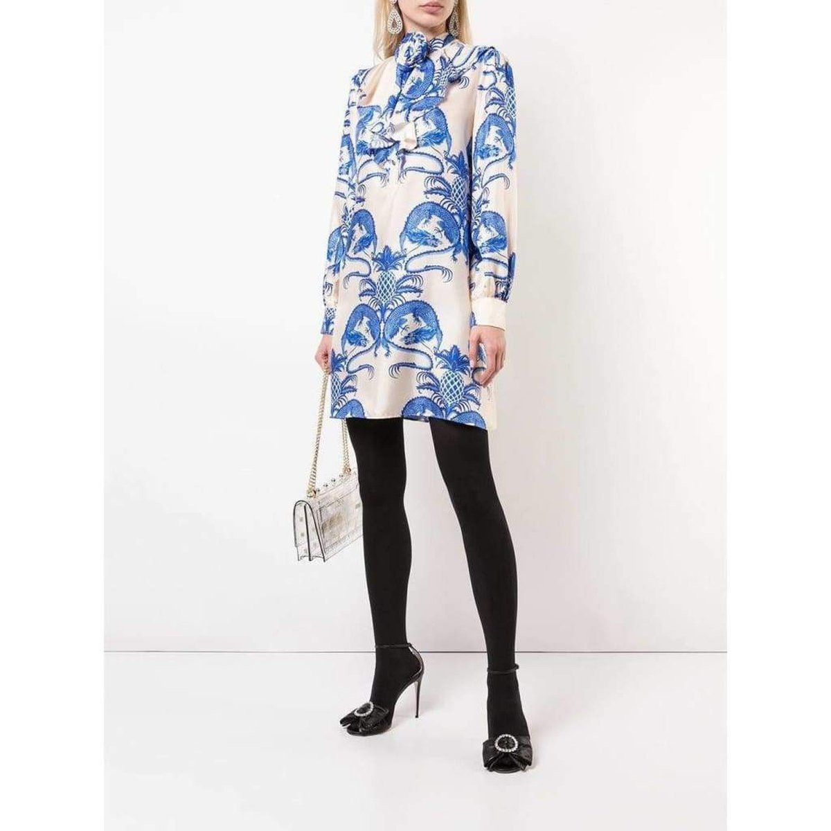 パーティードレス Silk Dragon Print Twill Ruffle Neck Dress Silk Dragon Print Twill Ruffle Neck Dress - Dresses