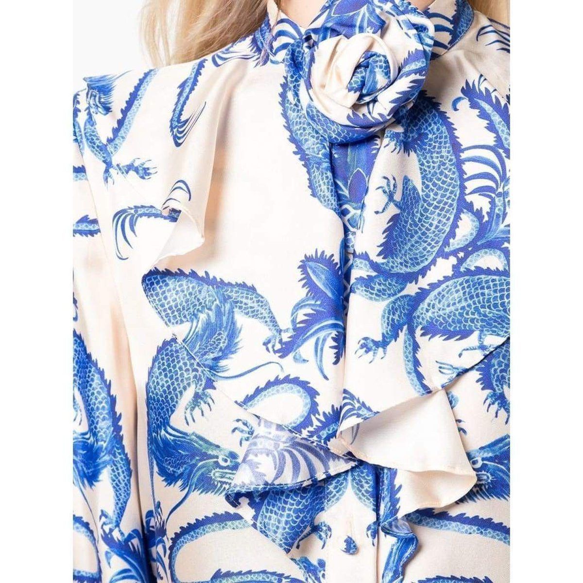 パーティードレス Silk Dragon Print Twill Ruffle Neck Dress Silk Dragon Print Twill Ruffle Neck Dress