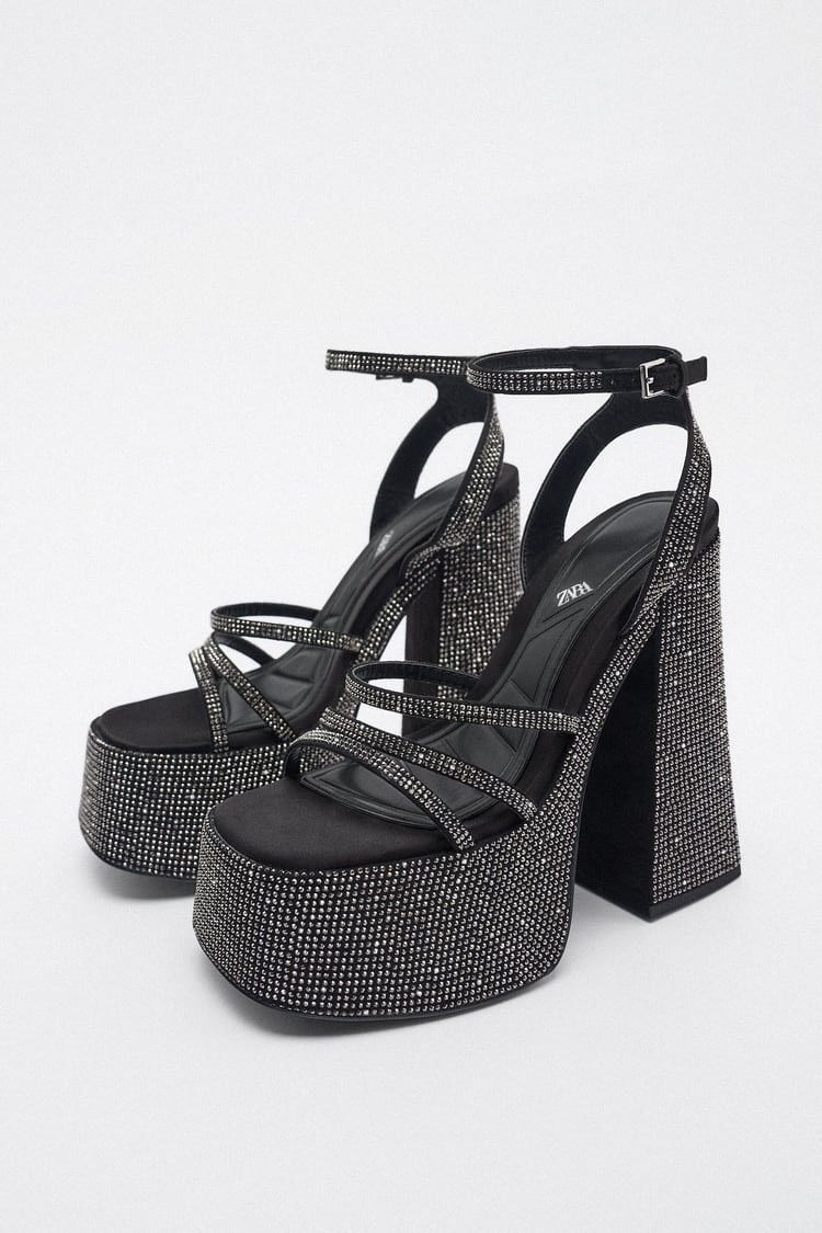 image of Zara Rhinestone Chunky High Heel Shoesed Platform Sandals in Black, Women's (Size 10)