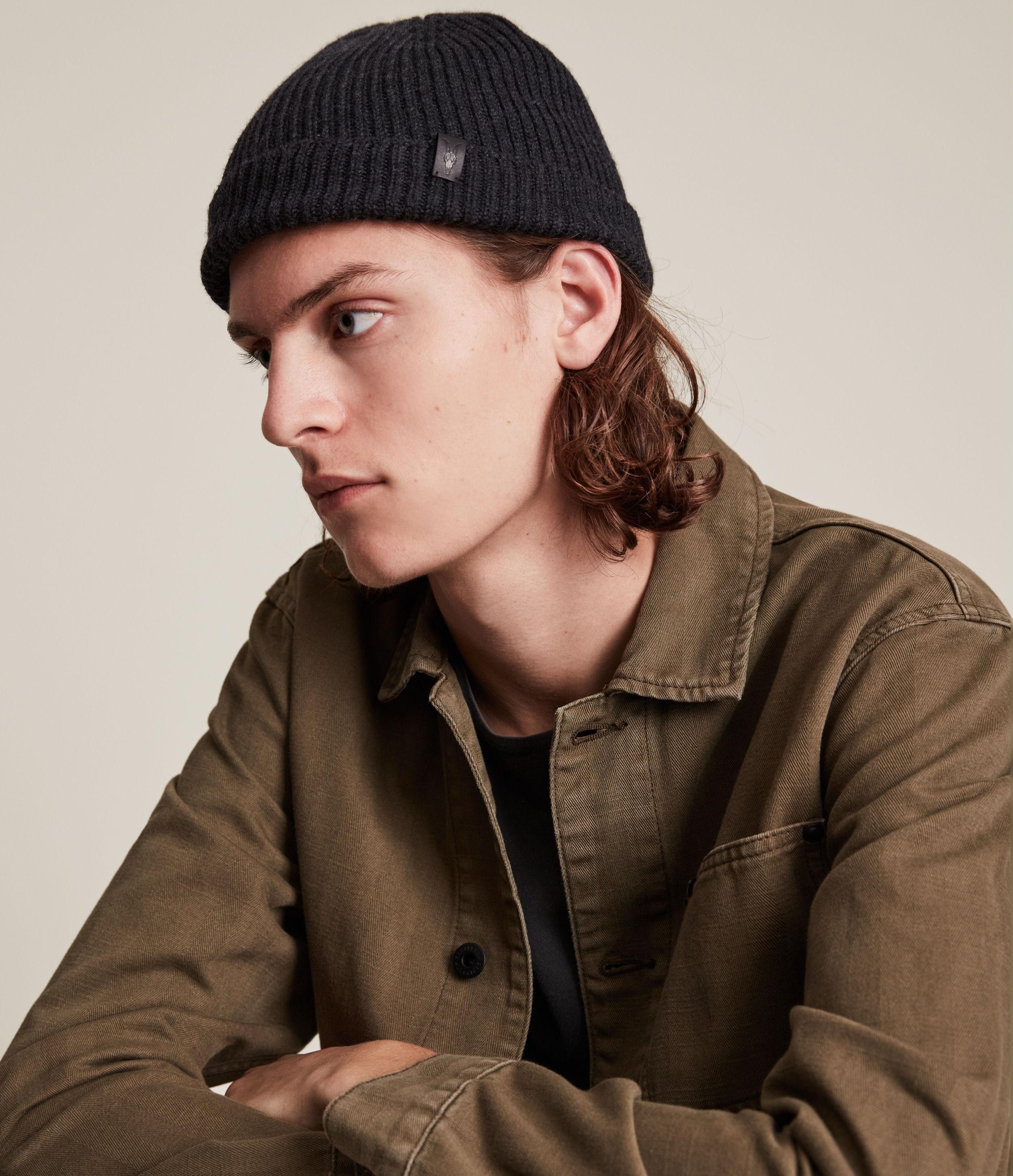 ALLSAINTS Wool Blend Rib Beanie Hat Black Small