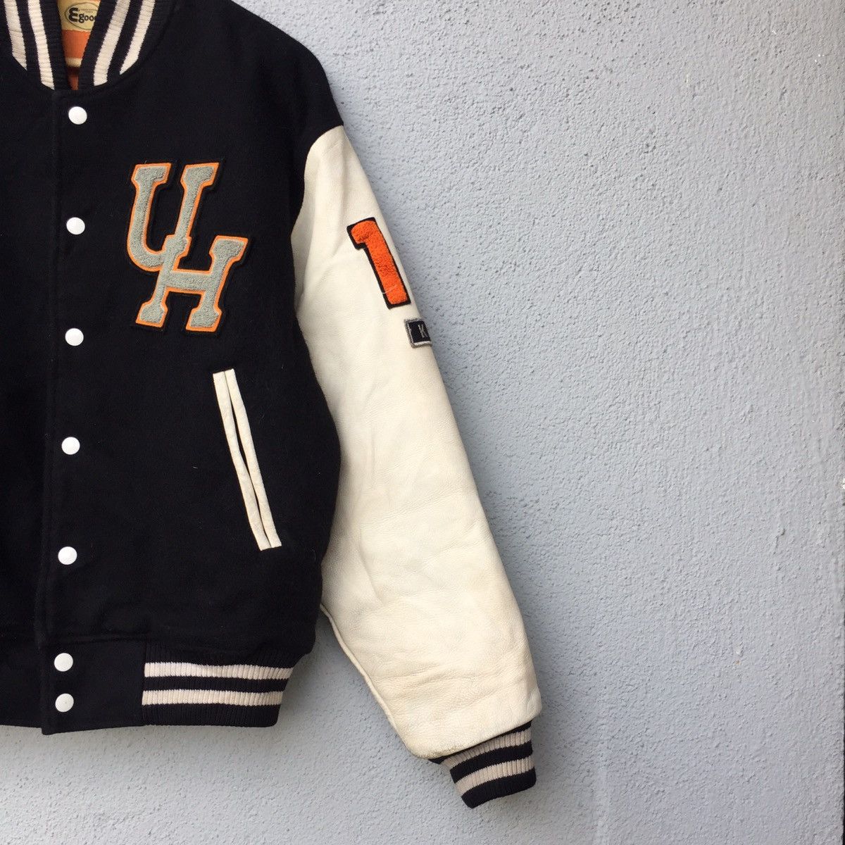 Japanese Brand Vintage Egood Japan Leather Arm Wool Varsity Jacket Size US XL / EU 56 / 4 - 5 Thumbnail