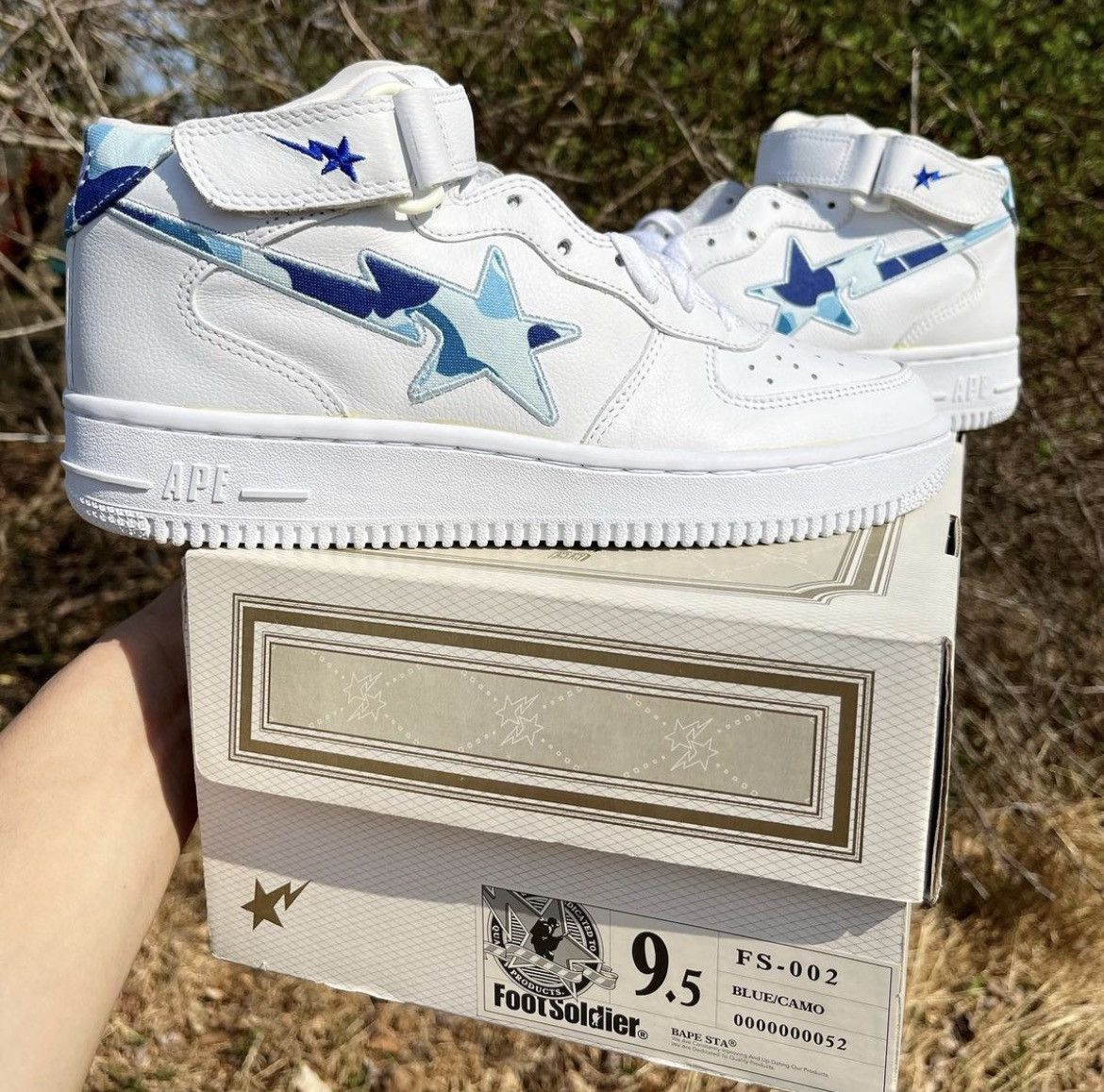 2002 A Bathing Ape Blue Camo White Leather Mid Bapesta