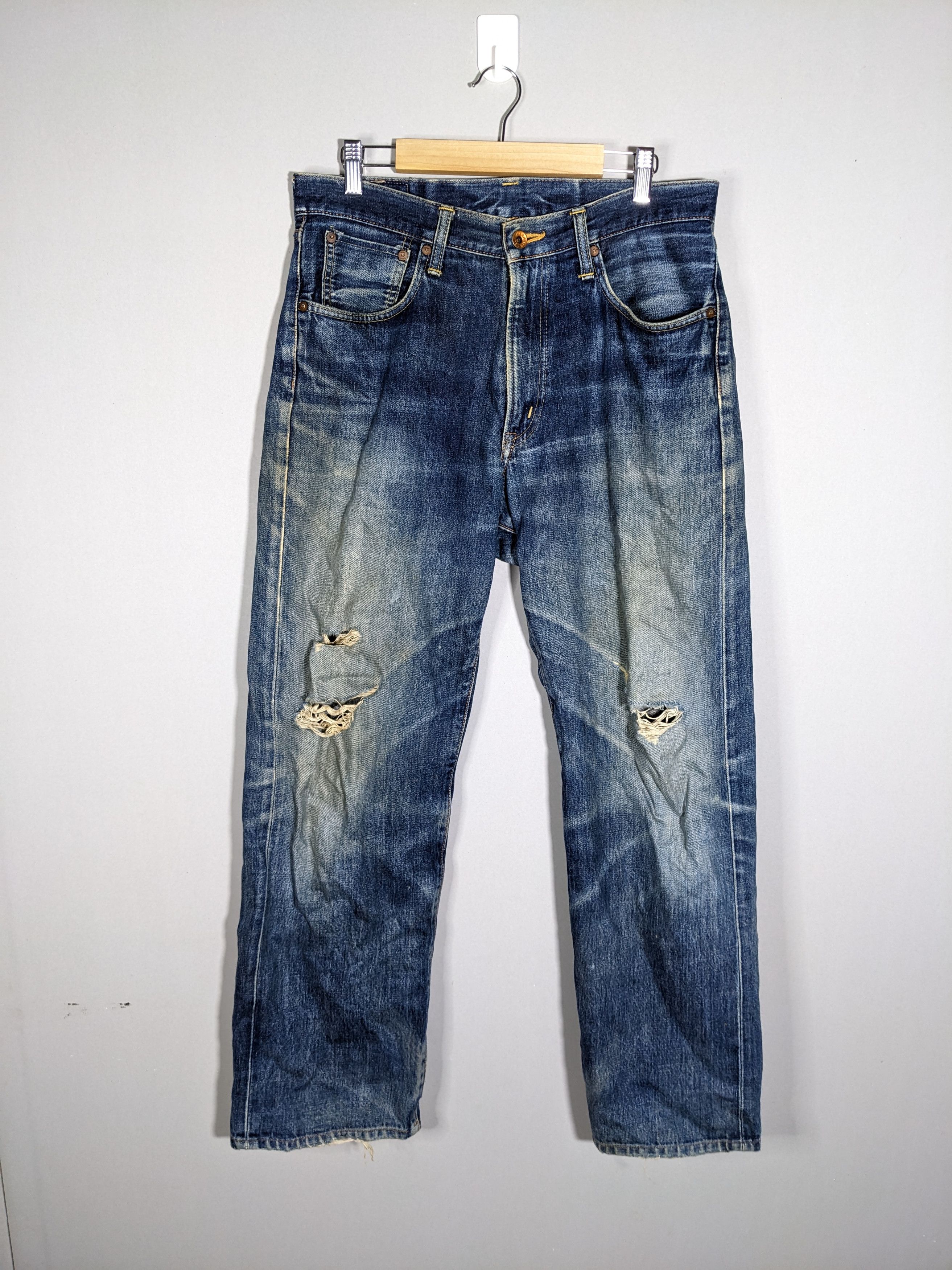 image of Distressed Denim x Edwin 505X Selvedge Distressed Faded Blue Grunge Jeans, Men's (Size 31)