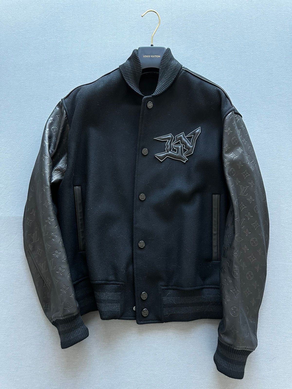 Pre-owned Louis Vuitton Black/white Lambskin Leather Varsity Jacket L