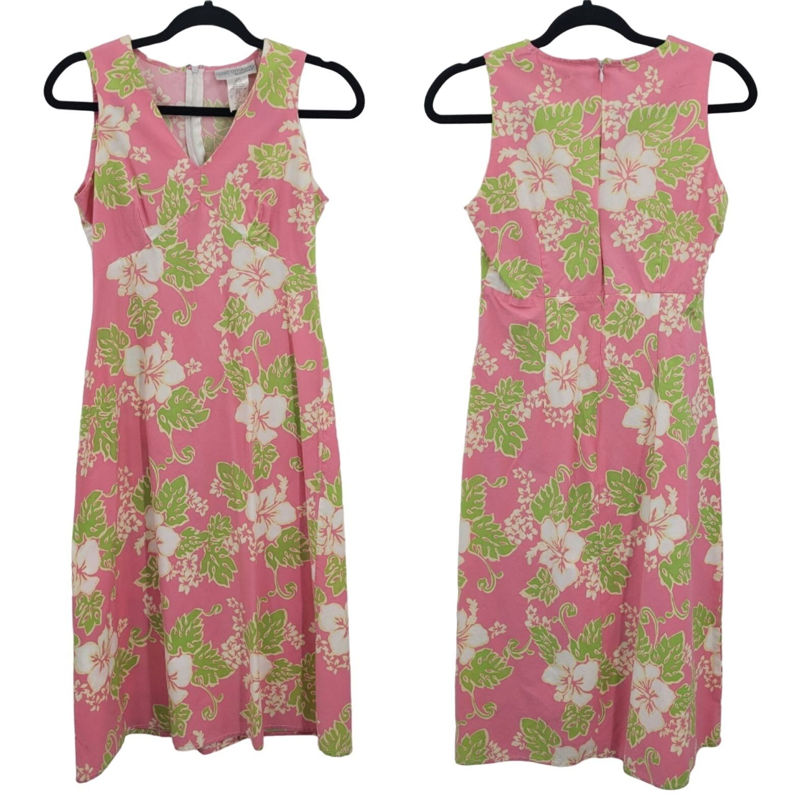 90's Cadwick's Midi Dress 6 Pink Cotton Sleeveless V Floral