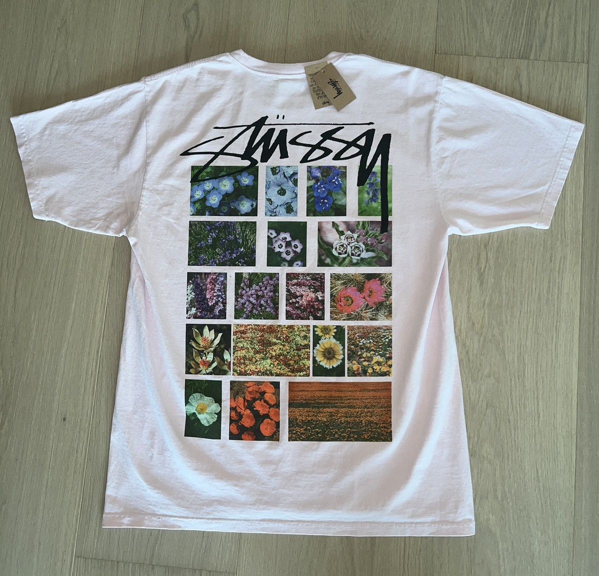 Flower grid pigment discount dyed tee stussy