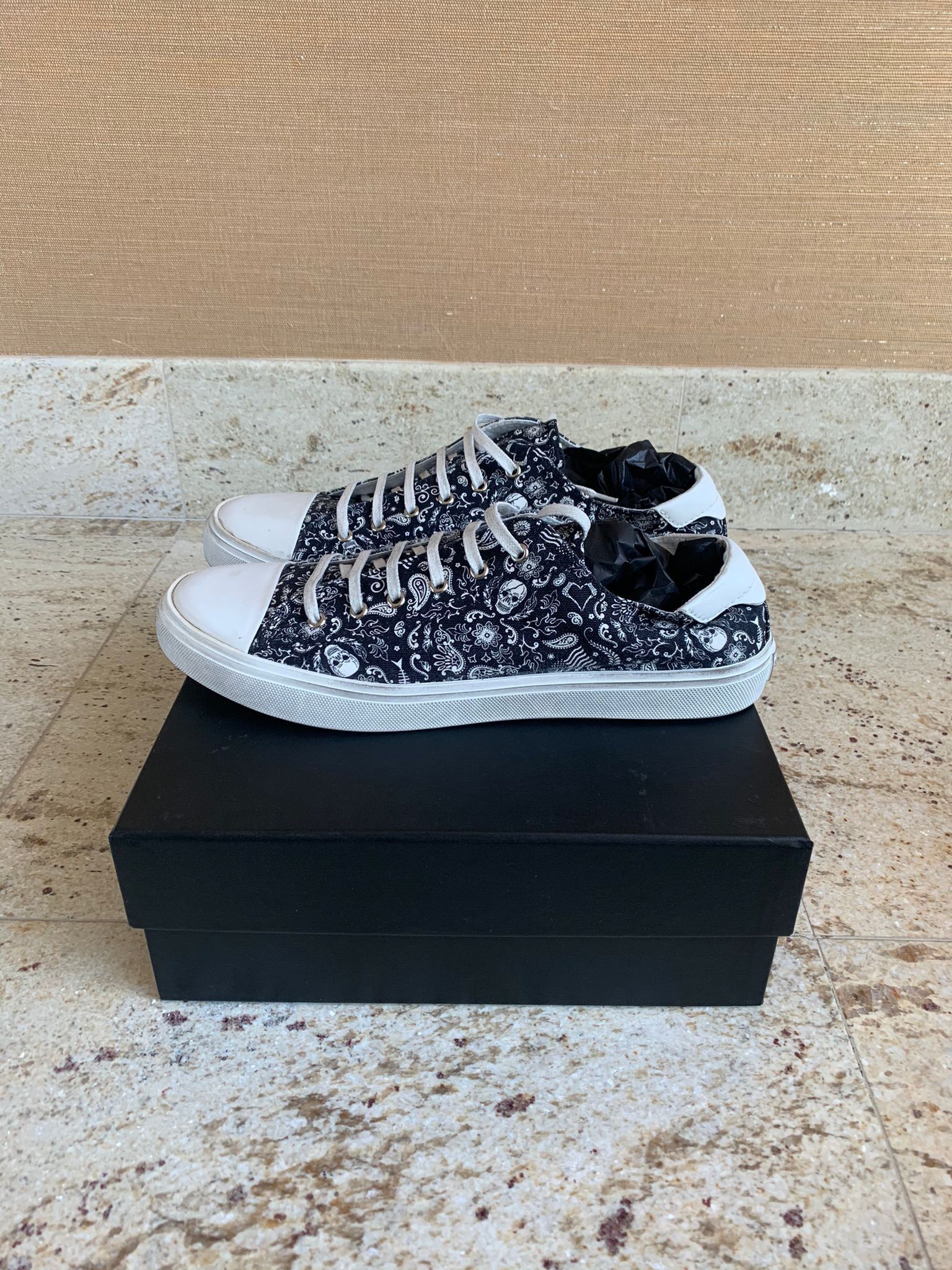 image of Saint Laurent Paris Bedford Lt Distressed Skull & Bones Shoes in Black/White, Men's (Size 10)