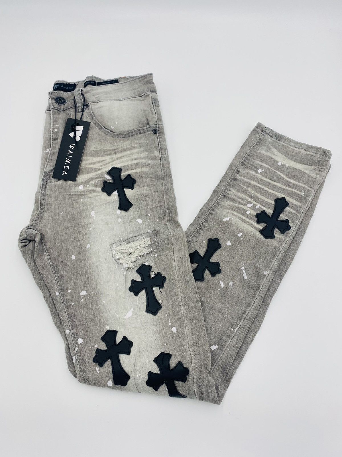 Size 32 Waimea Grey Black Crosses Denim Jeans