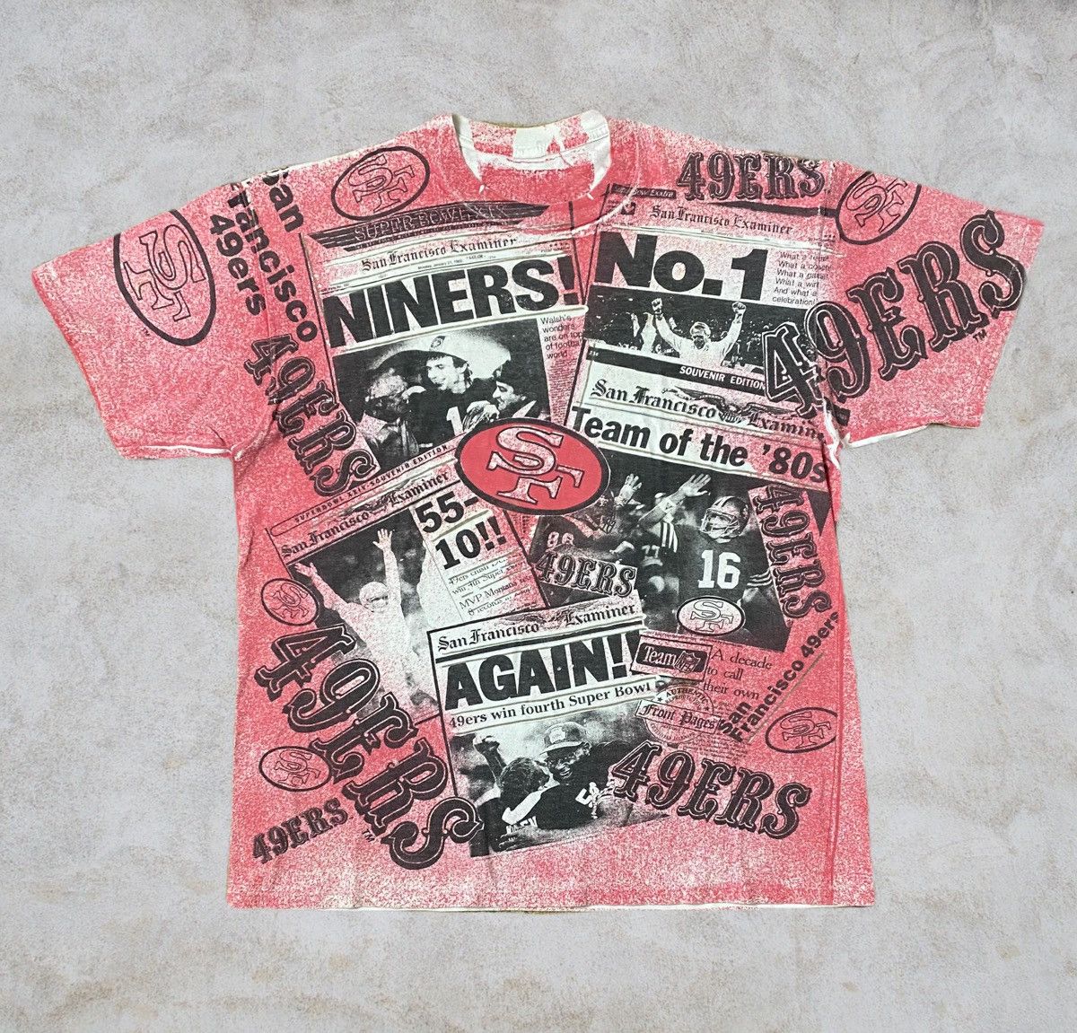 image of San Francisco 49Ers x Vintage 1991 49Ers All Over Print T Shirt in Red, Men's (Size Large)