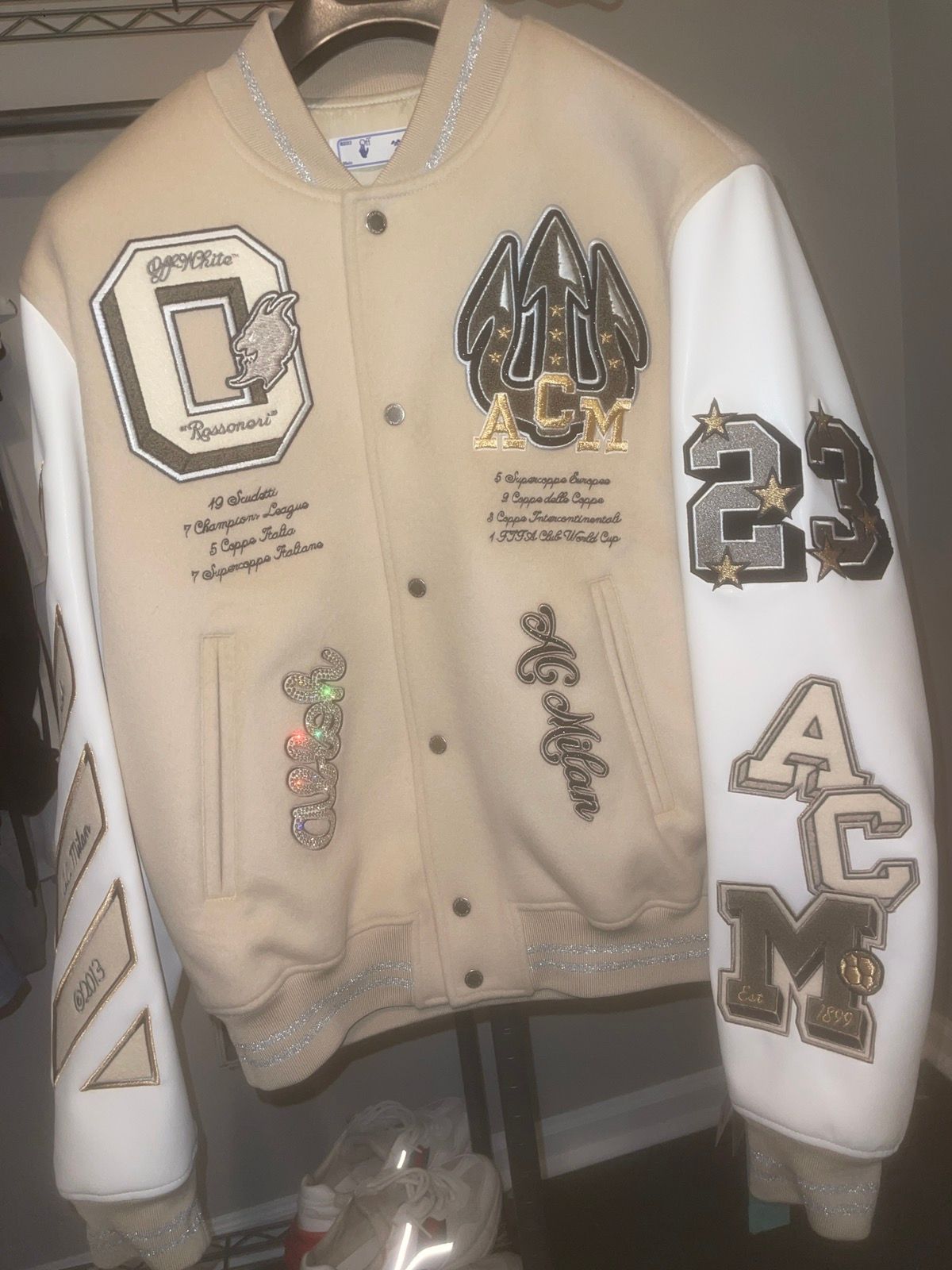 Men's Bomber AC Milan Off White Varsity Jacket Football Letterman  Style Jacket