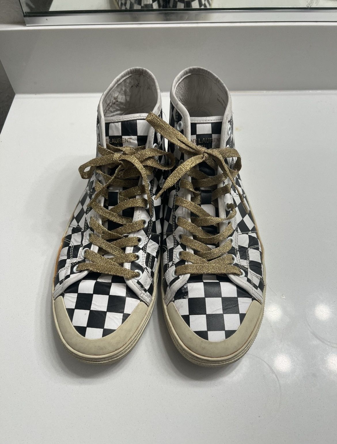 Saint Laurent Paris Checkered SL37 Surf Sound High Top Leather Sneakers Size US 9.5 / EU 42-43 - 2 Thumbnail