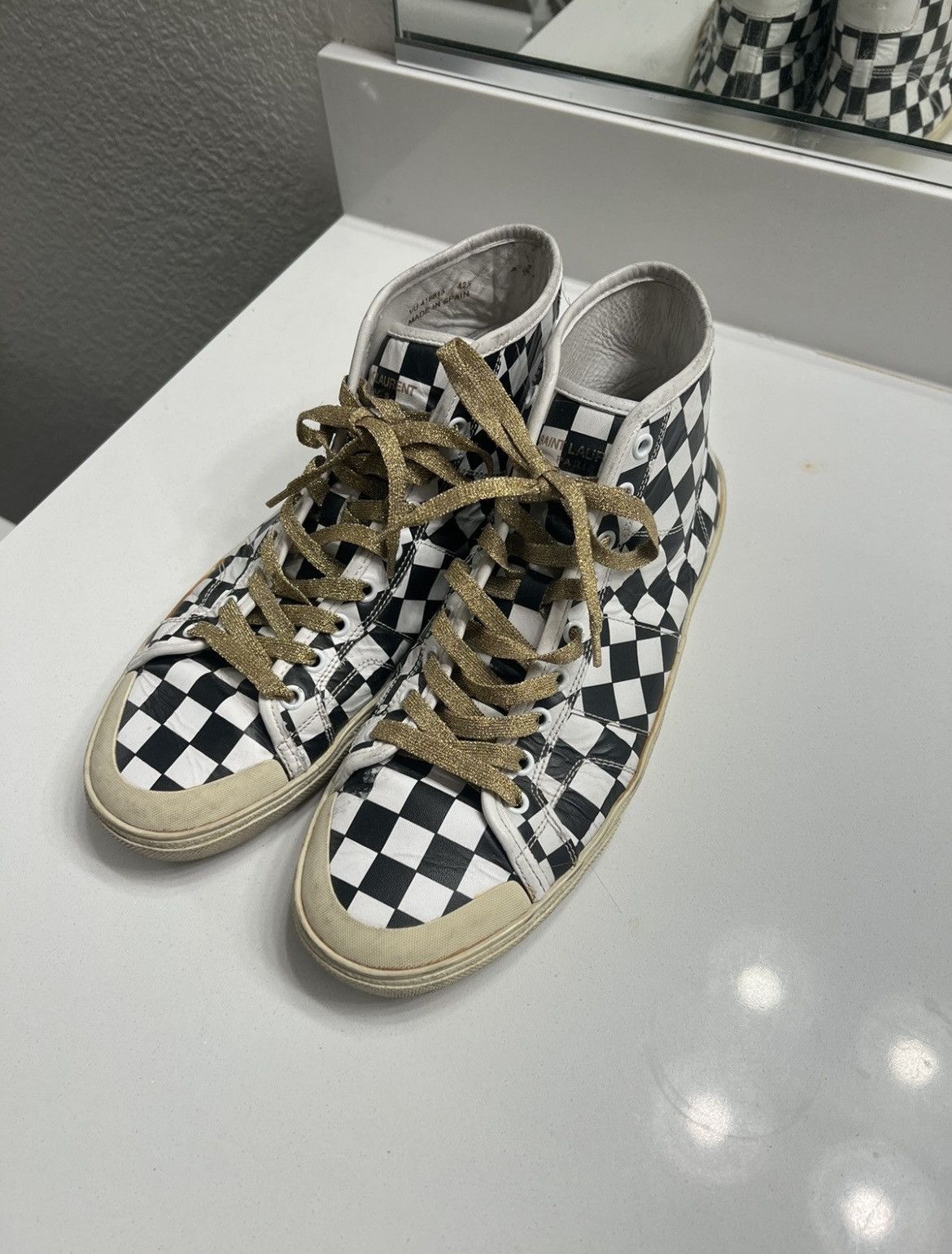 Saint Laurent Paris Checkered SL37 Surf Sound High Top Leather Sneakers Size US 9.5 / EU 42-43 - 1 Thumbnail