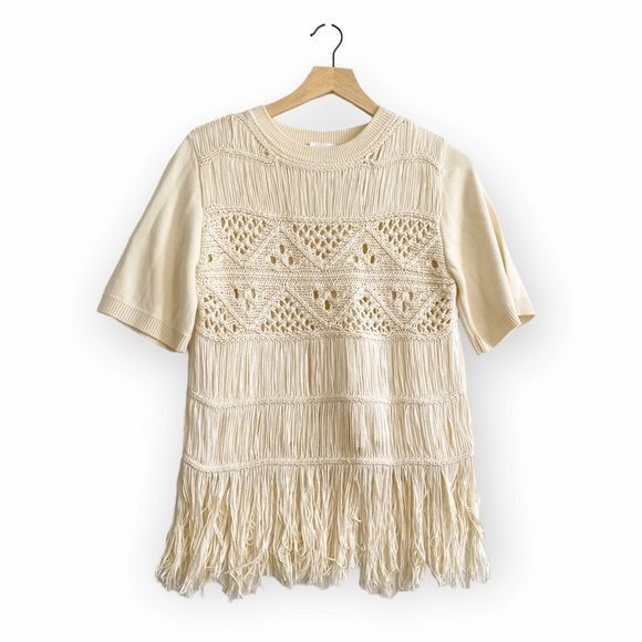 Jonathan Simkhai NWT Jonathan Simkhai Delphine Macrame Knit Sweater, Ivory, Size S / US 4 / IT 40 - 1 Thumbnail