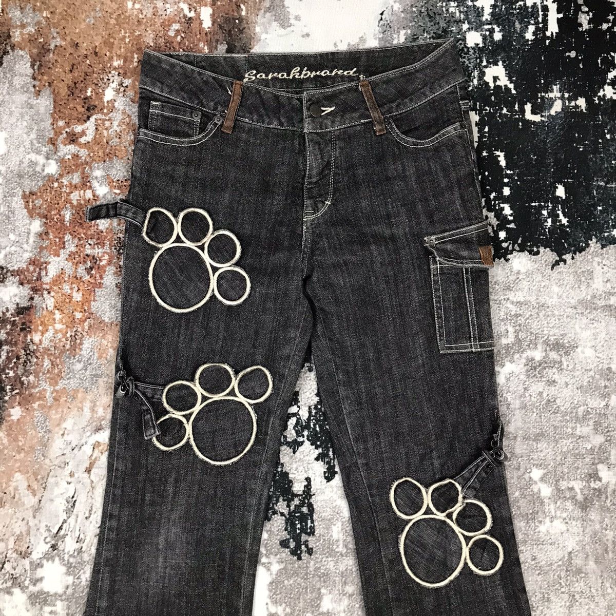 Japanese Brand × Vintage Vintage Japanese Flare Sarahbrand Dog Paws Bondage Jeans Size 31" - 2 Thumbnail
