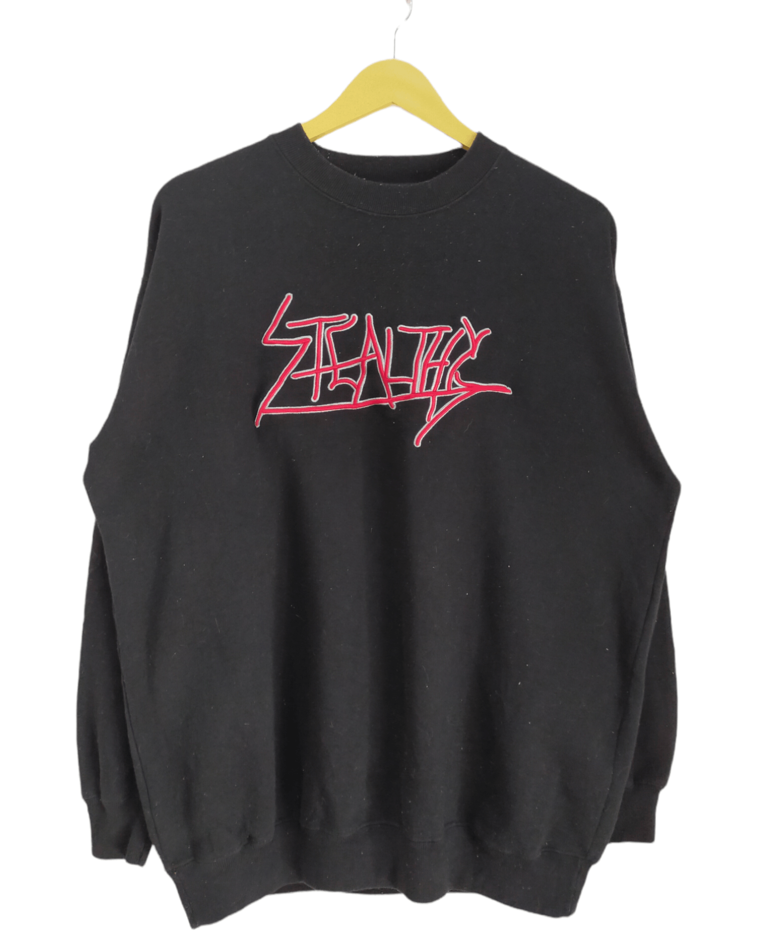 image of Vintage Embroidered Stealthy Spell Out Sweatshirt in Black, Men's (Size Large)