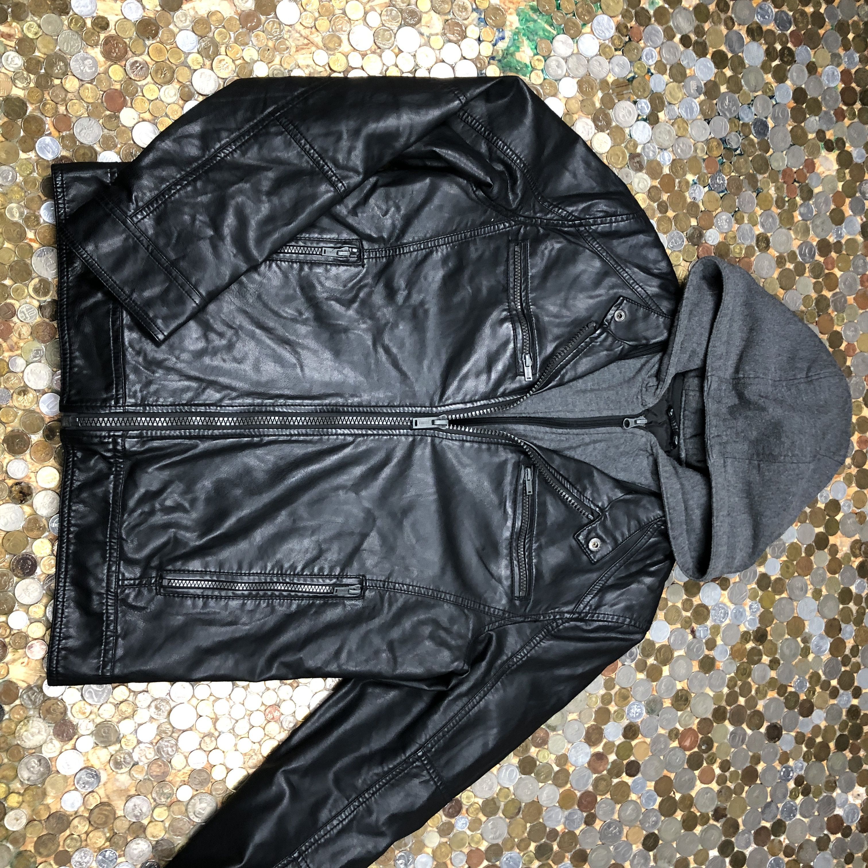 image of Guess Vintage Leather Jacket 90's With Hoodie in Black, Men's (Size Small)