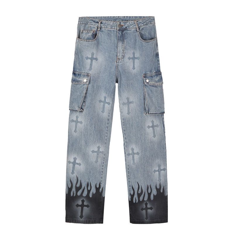 Other Embroidery Flame Cross Loose Pants Baggy Jeans Size US 31 - 3 Thumbnail