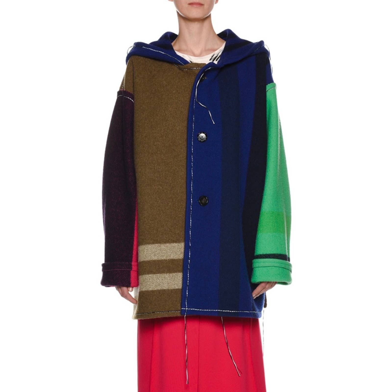 image of Marni $2.5K Hooded Patchwork Wool Fringe Coat in Blue, Men's (Size Medium)