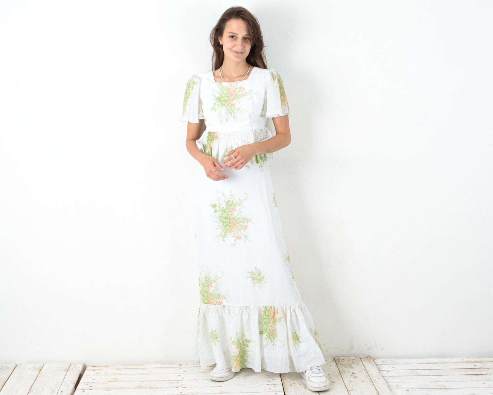 Handmade × Vintage Women 50's Dress Floral Maxi Classy Wedding Handmade Cottage Size S / US 4 / IT 40 - 4 Thumbnail