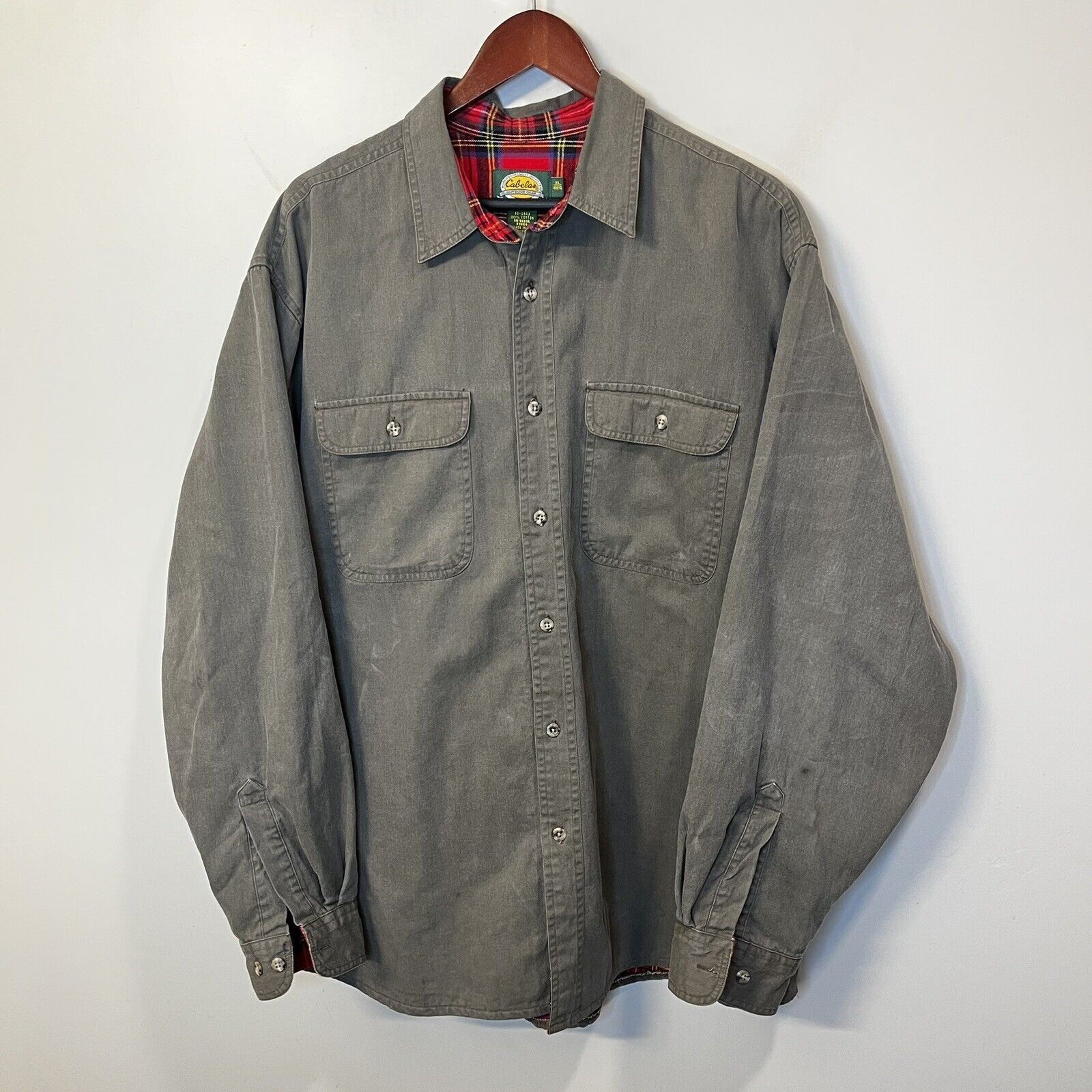 Vintage Cabela's Gray Long Sleeve Plaid Flannel Lined Shirt Jacket