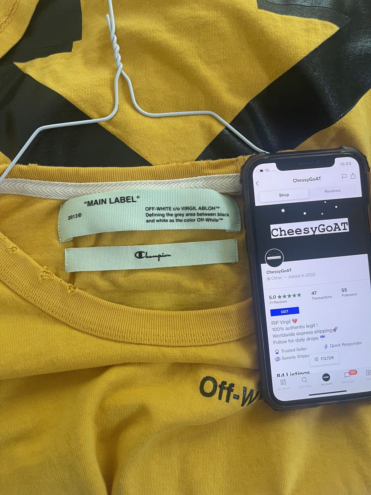 Champion × Off-White Off white X champion yellow TEE Size US S / EU 44-46 / 1 - 8 Thumbnail