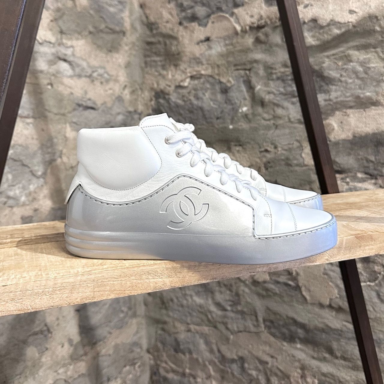 Chanel White Silver Chrome CC Mid-Top Sneakers