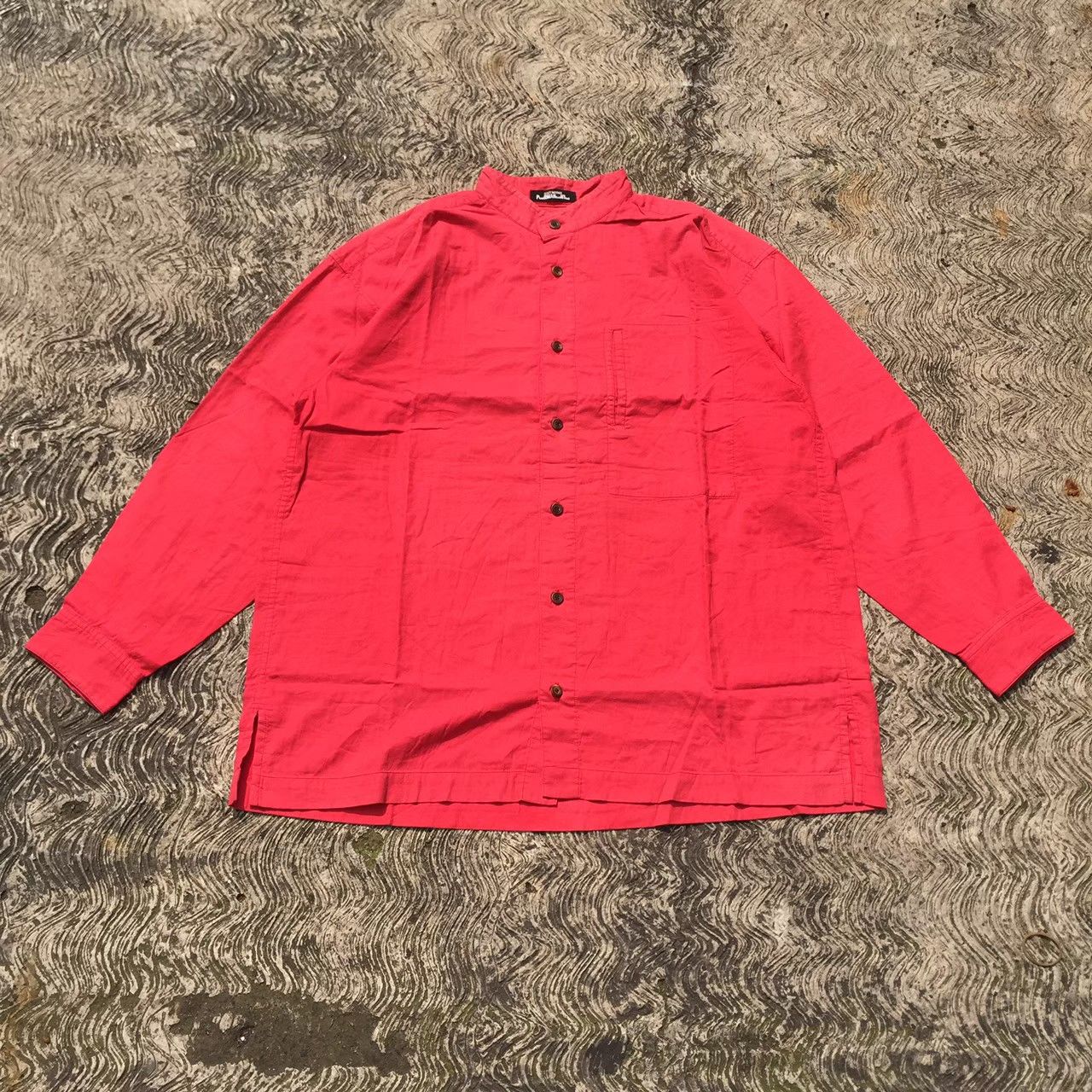 image of Archival Clothing x Issey Miyake Early Brand "permanente" Mandarin Collar Shirt in Red (Size Large)