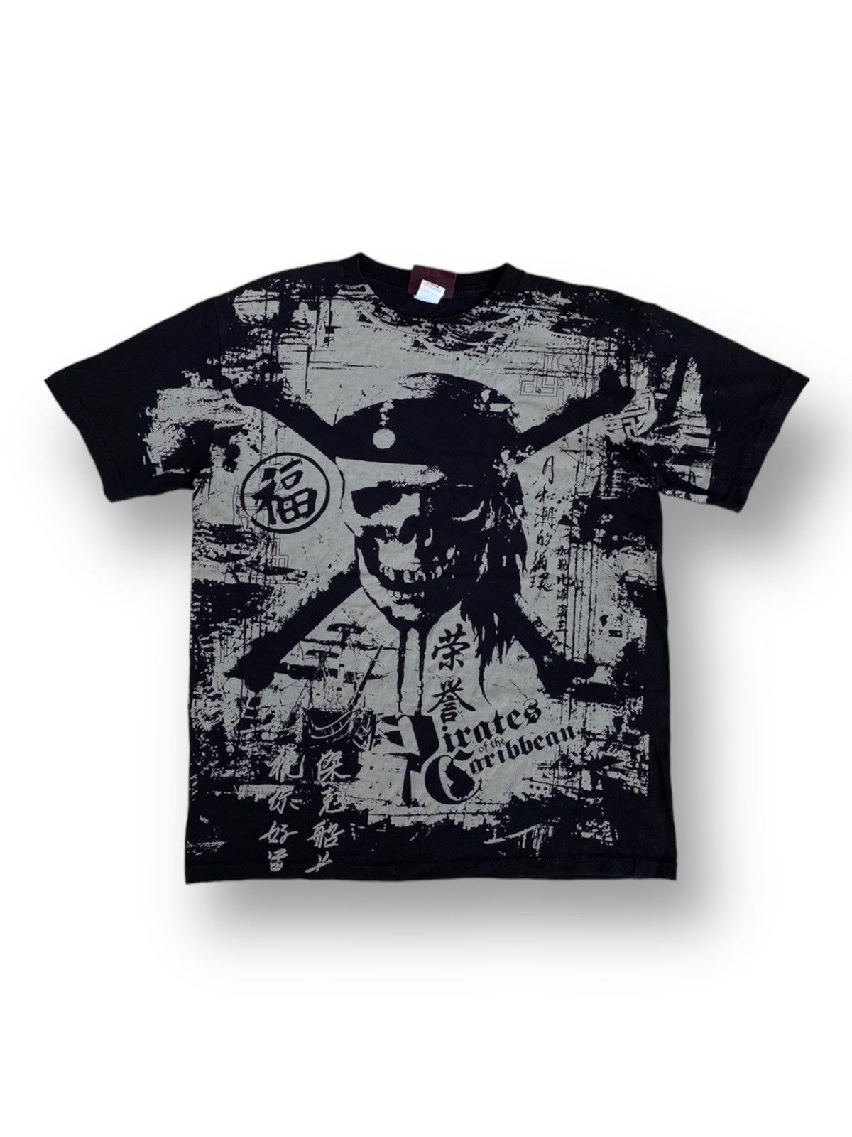 image of Disney x Movie Pirates Of The Caribbean Full Print Movie Shirt. K in Black, Men's (Size Medium)