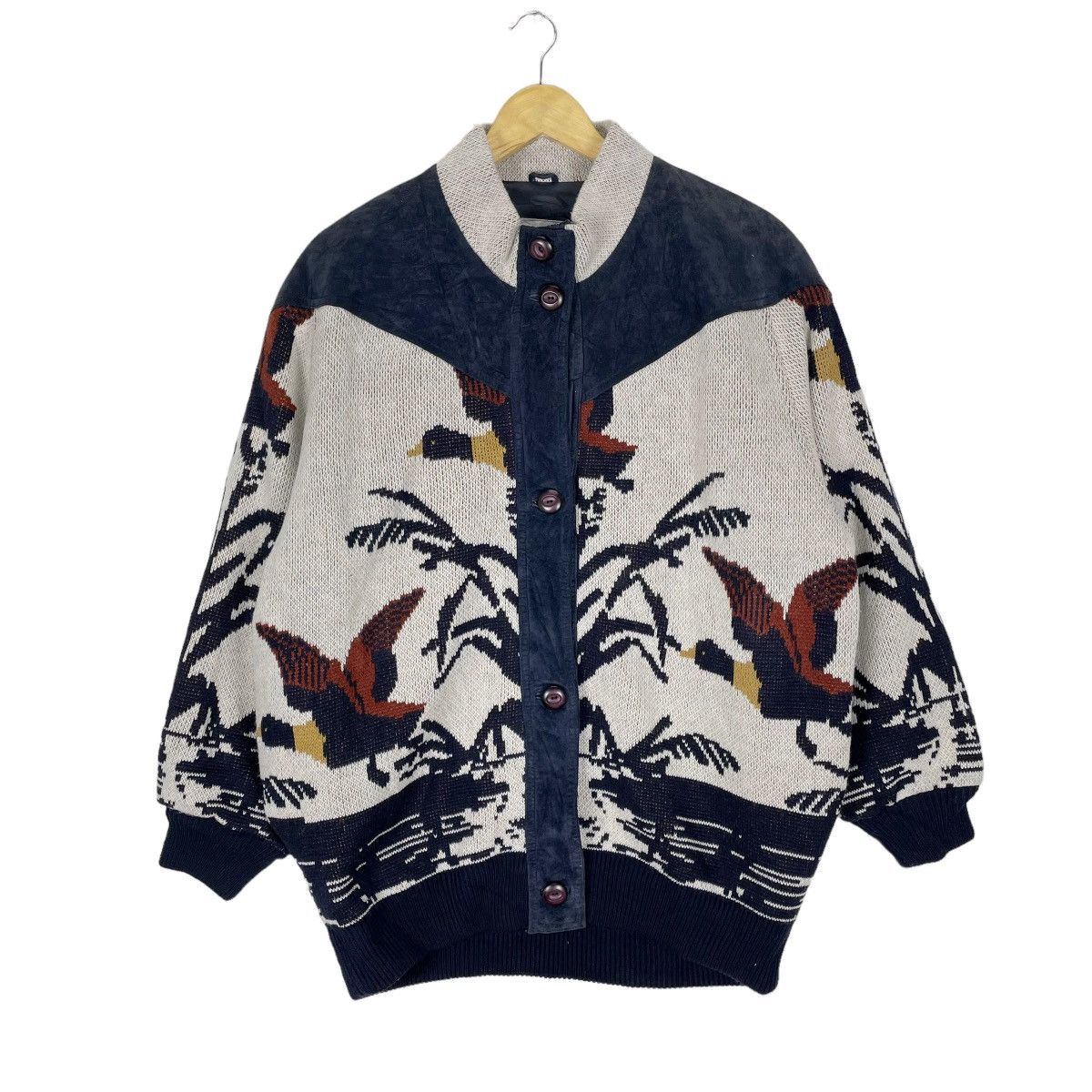 Aran Isles Knitwear 🌟MODE FRANCE DUCK LEATHER PART KNITWEAR JACKET Size L / US 10 / IT 46 - 1 Thumbnail