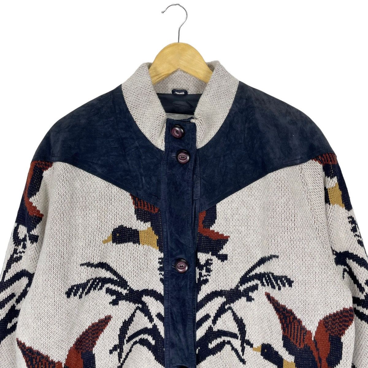 Aran Isles Knitwear 🌟MODE FRANCE DUCK LEATHER PART KNITWEAR JACKET Size L / US 10 / IT 46 - 2 Thumbnail