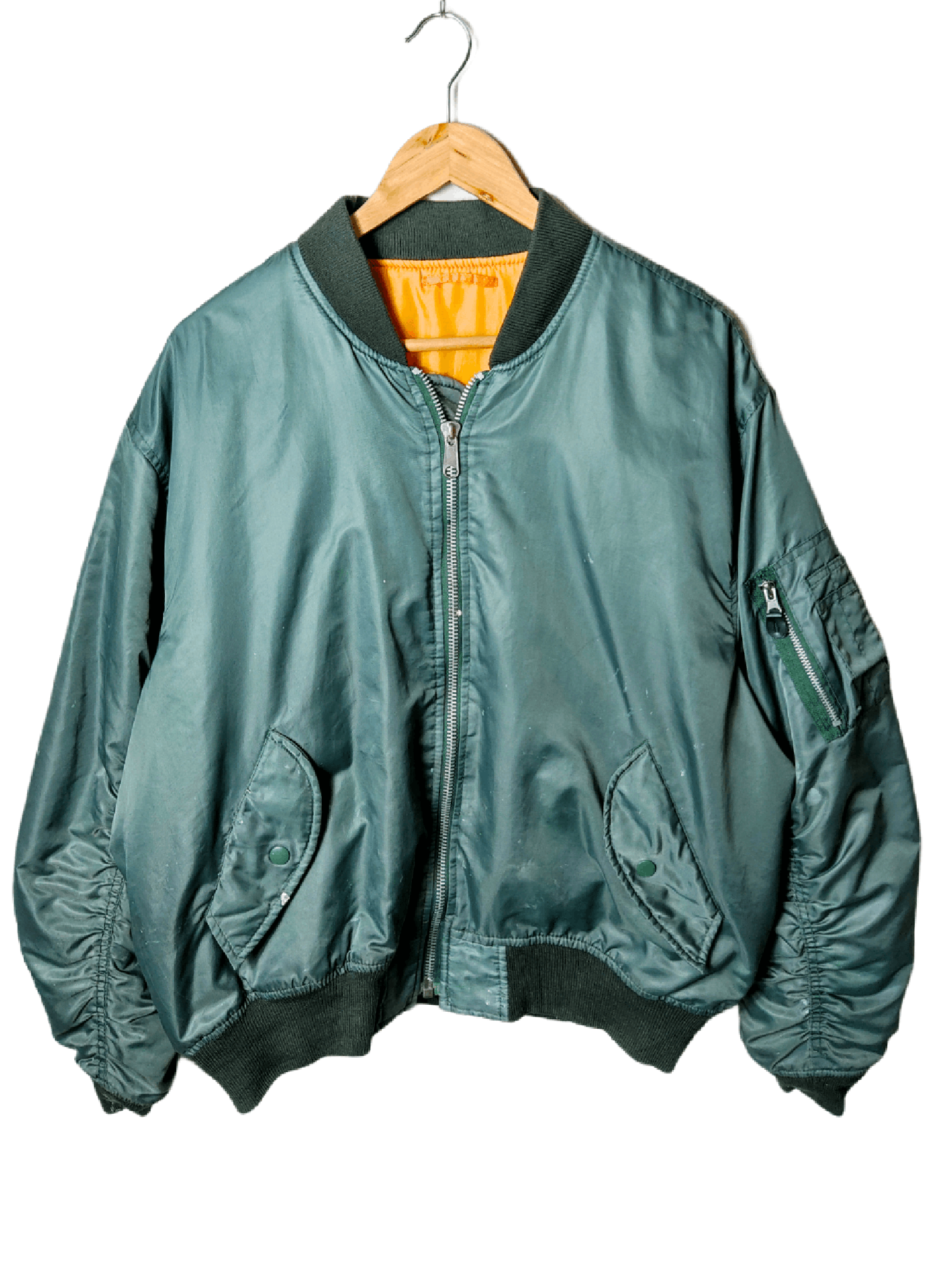 image of Military x Vintage Reversible Paint Splash Bomber Flight Jacket in Green Olive, Men's (Size XL)