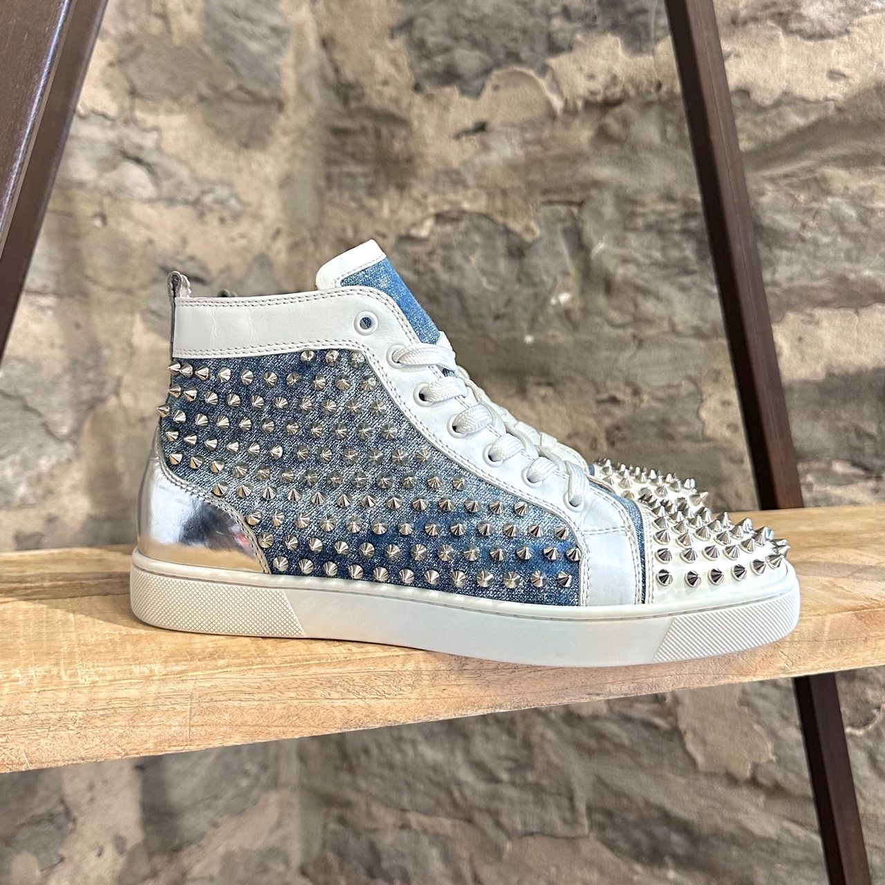 Christian Louboutin Washed Blue Denim Louis Spikes Sneakers