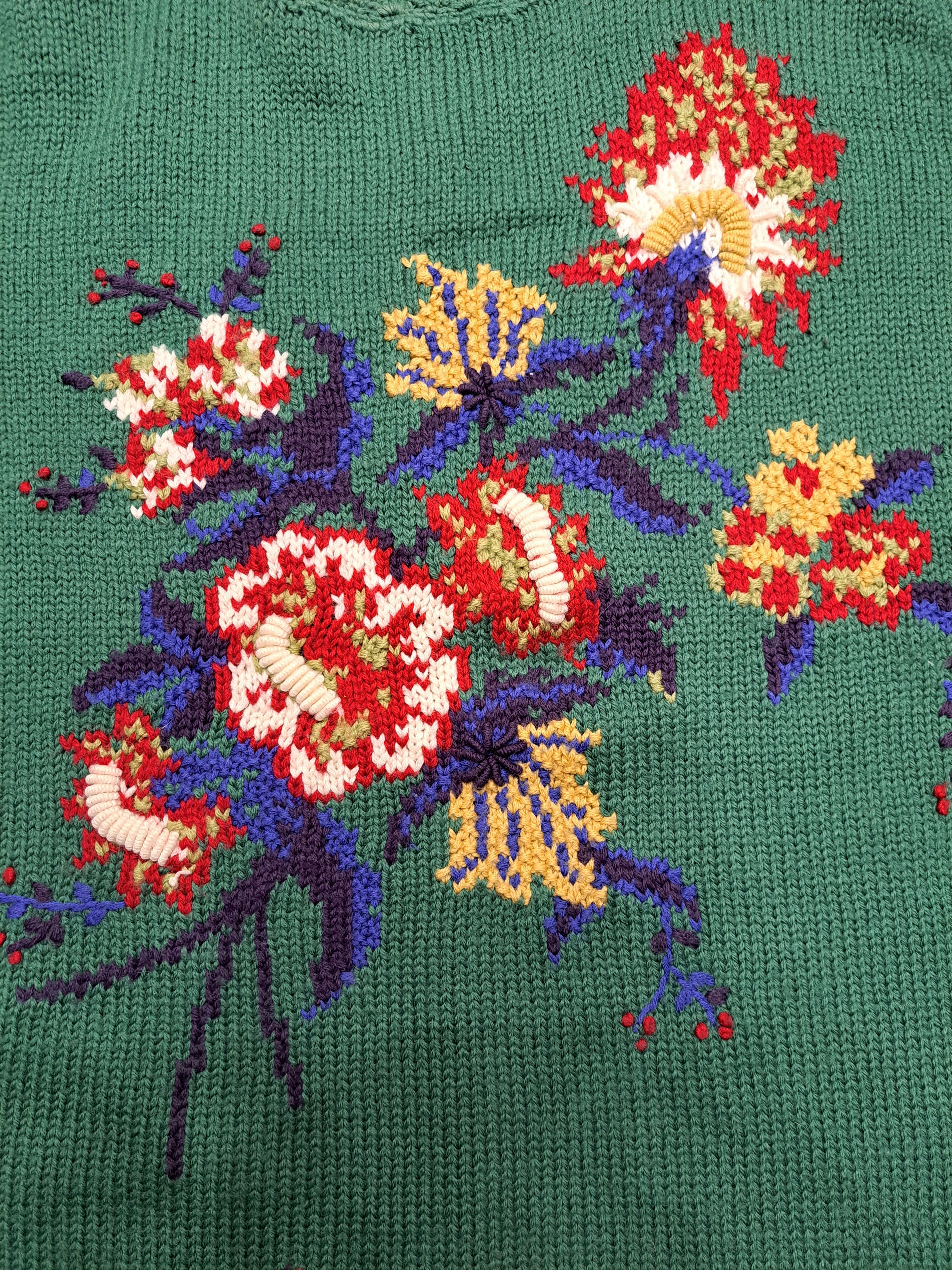Vintage Grean vintage wool sweater L size, green, flowers, RARE Size L / US 10 / IT 46 - 3 Thumbnail