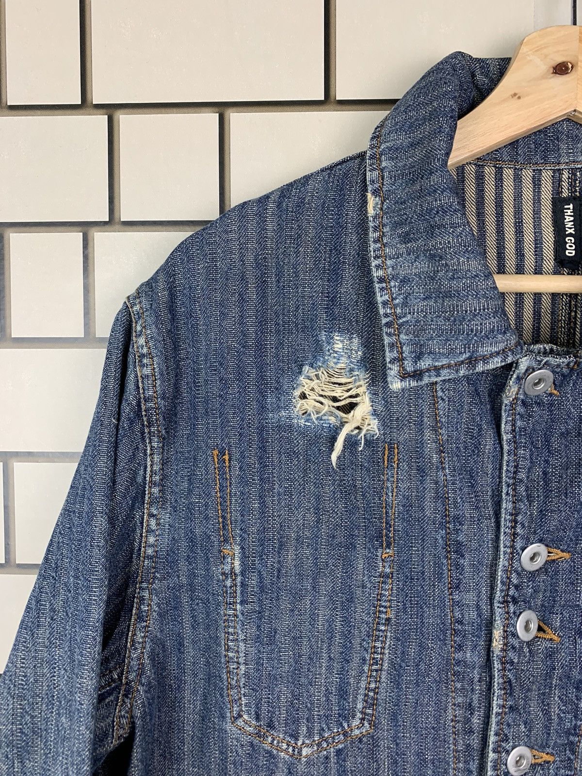 If Six Was Nine × Japanese Brand × Vintage Vintage Japanese Brand Thanx God Distressed Denim Jacket Size US L / EU 52-54 / 3 - 7 Thumbnail