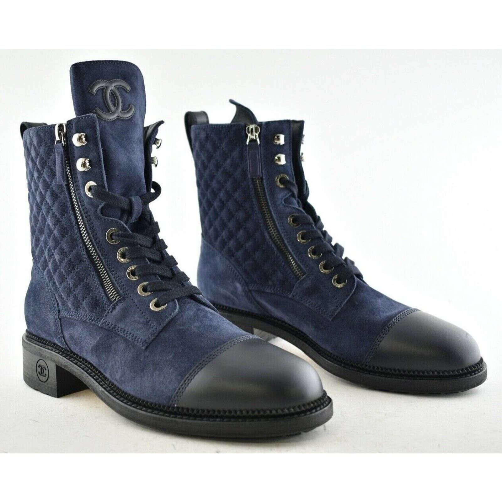 Chanel Chanel Navy Blue Suede Black Quilted Combat Boot