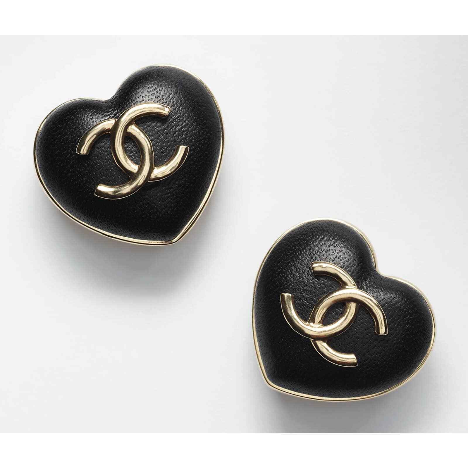 Chanel Chanel 22K Black Leather Heart Shape Gold CC Logo Earrings