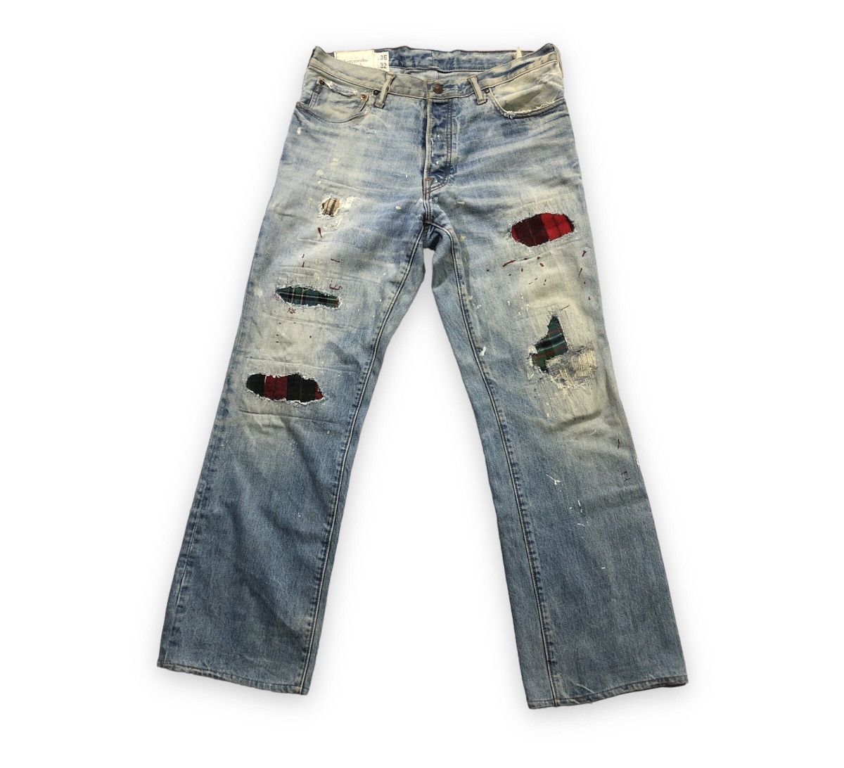 image of Abercrombie Fitch x Distressed Denim Abercrombie Distressed Patchwork Jeans in Light Blue (Size 36)