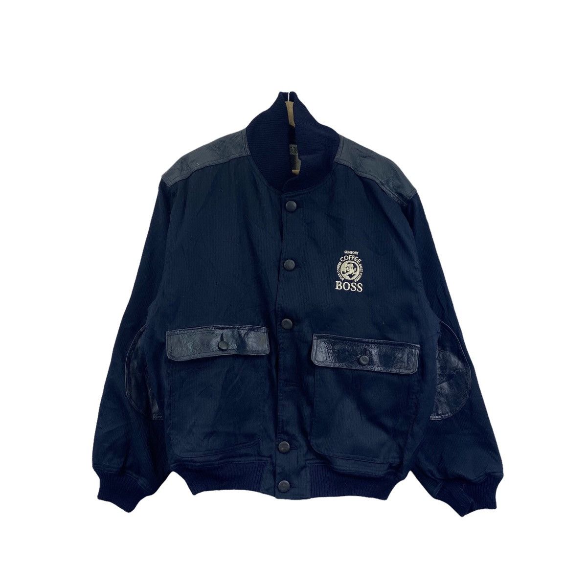 Vtg 90' SUNTORY BOSS COFFEE Leather Varsity Jacket Trench
