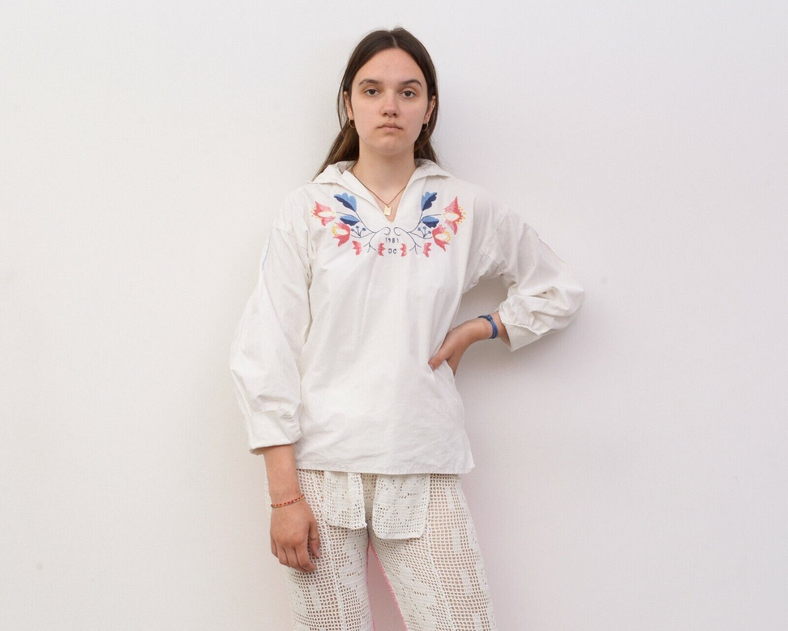Other × Vintage Vintage Floral Embroidering Folk Puff Sleeves Blouse Shirt Size L / US 10 / IT 46 - 1 Thumbnail